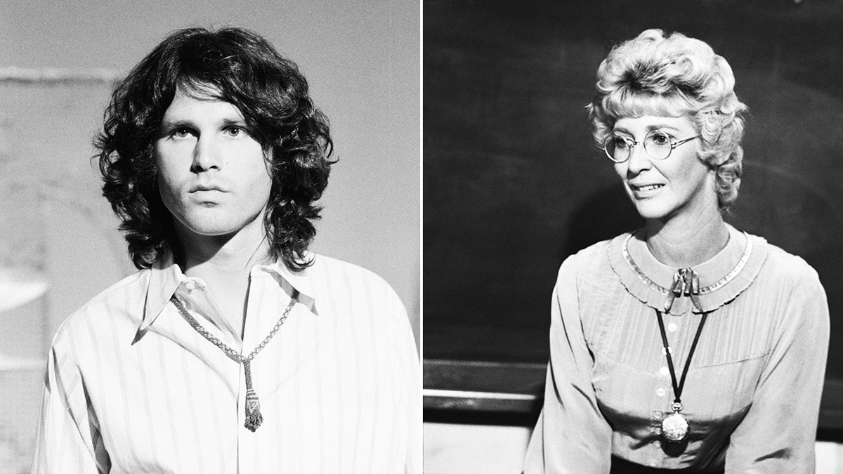 A split side-by-side photo of Jim Morrison of The Doors and Charlotte Stewart as Miss Beadle.