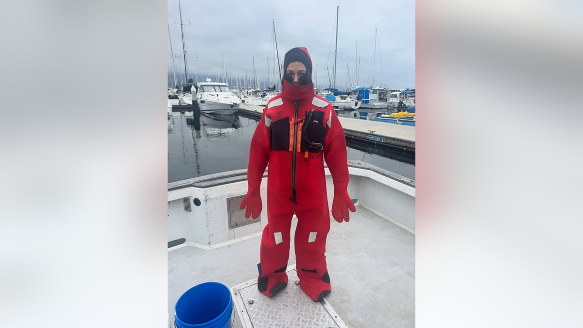 Kathy Ireland in a sea survival suit