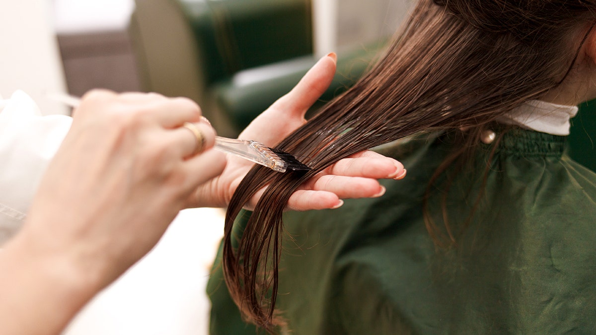 Hairdresser applies a hair mask to the woman in the beauty salon.
