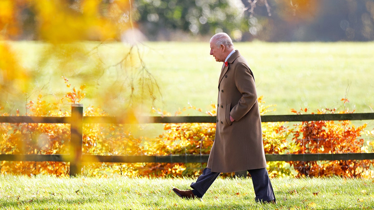 King Charles wearing a brown coat walking on a fall day.