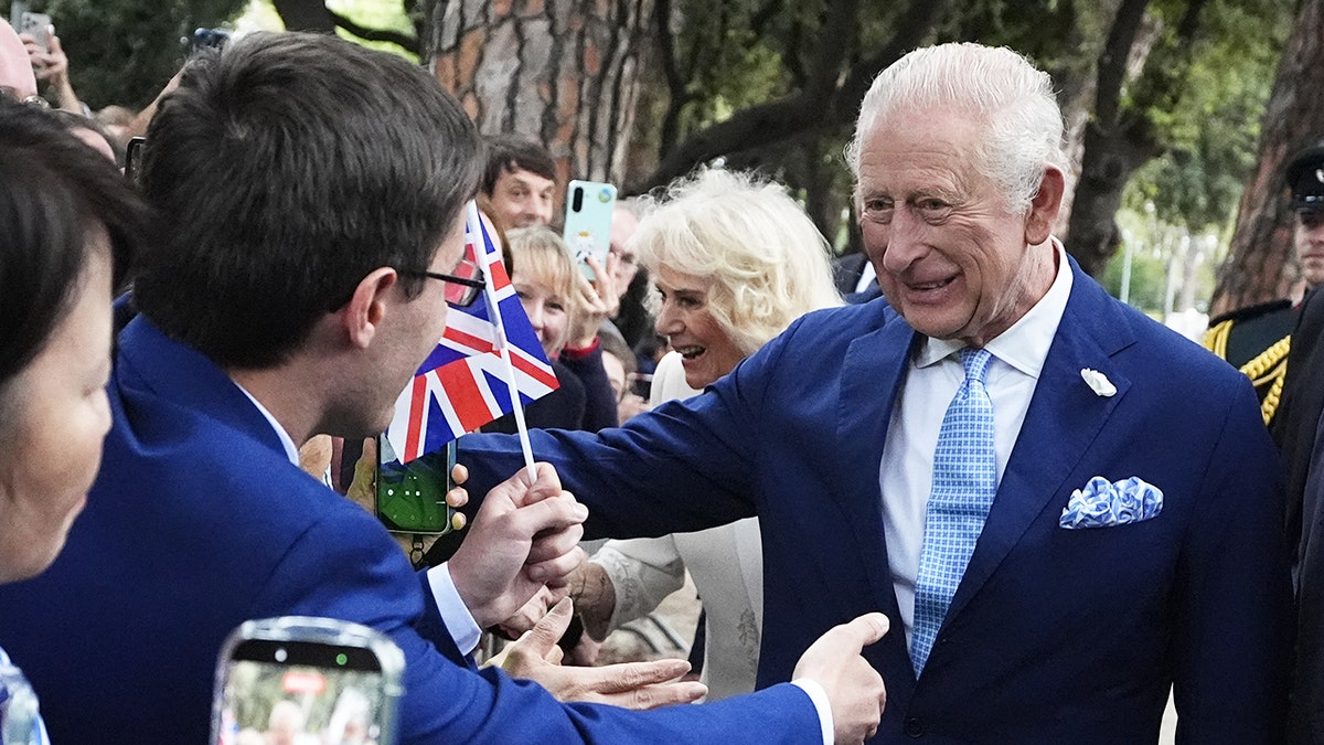 King Charles greeting a crowd outdoors smiling in a dark blue suit.