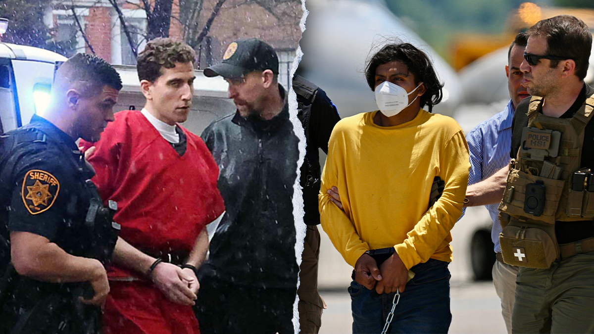 A combination photo showing convicted murderers Bryan Kohberger and Victor Hernandez Martinez wearing shackles as they are being escorted by deputies.