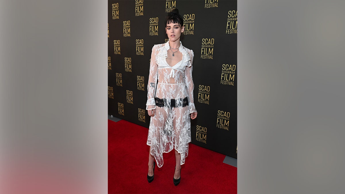 Kristen Stewart in a sheer white dress at the SCAD Savannah Film Festival in October 2025.