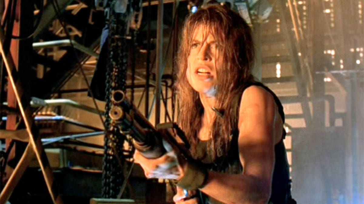 Linda Hamilton holding a gun in Terminator 2 
