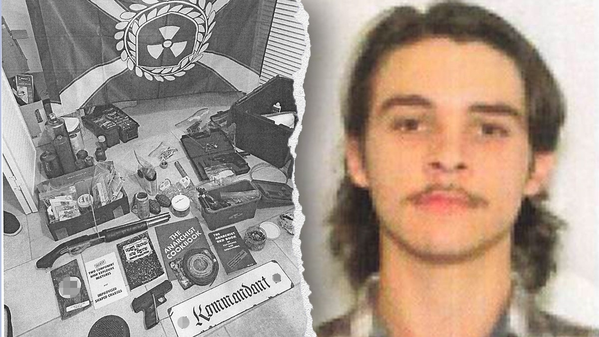 Split of neo-Nazi propaganda found at the home and driver's license photo of Lucas Temple.