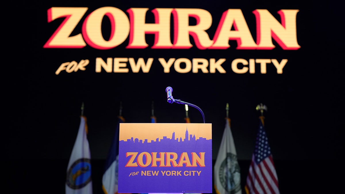 A podium prepared for an election night event with Zohran Mamdani, New York City mayoral candidate, not pictured