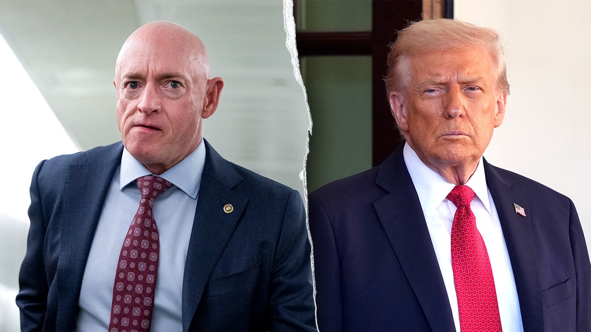 Split image of Sen. Mark Kelly, left, and President Donald Trump, right.