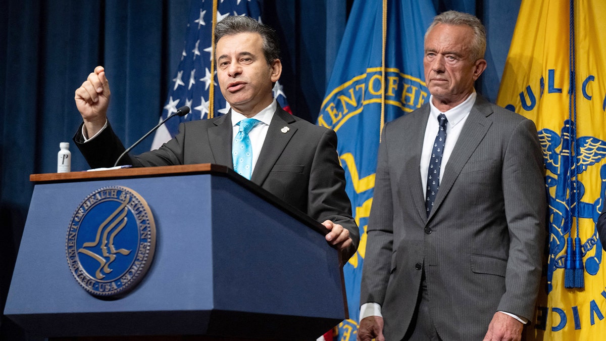 FDA Commissioner Dr. Marty Makary speaks at a press conference with HHS Secretary Robert F. Kennedy Jr. about regulatory action on illegal opioid-related products.