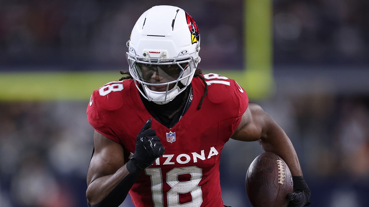Marvin Harrison Jr. (18) of the Arizona Cardinals rushes against the Dallas Cowboys during the third quarter in the game at AT&T Stadium on Nov. 03, 2025 in Arlington, Texas.