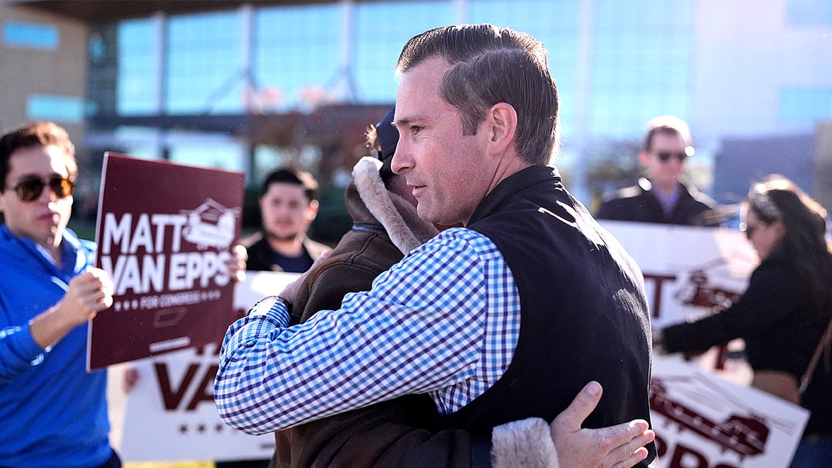 Republican congressional candidate Matt Van Epps hugs a supporter during a campaign event in Nashville, Tennessee.