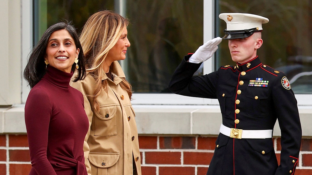 Marine salutes Melania Trump and Usha Vance at Camp Lejeune