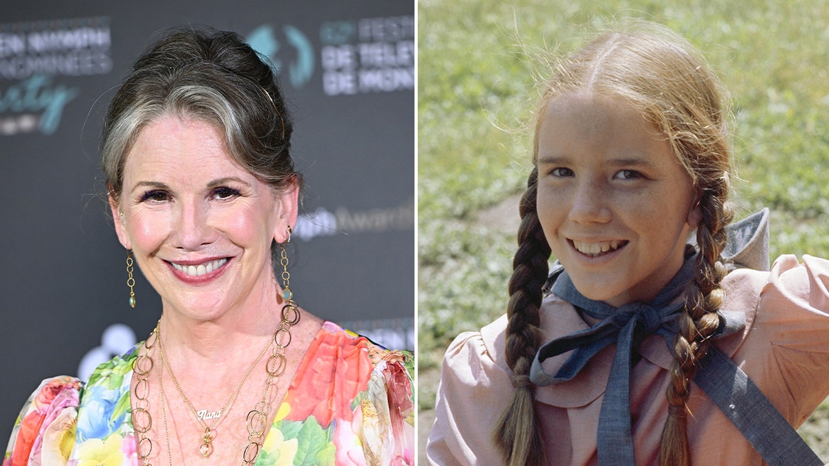Side-by-side images show actress Melissa Gilbert. On the left, she smiles on the red carpet in a colorful floral dress at the 62nd Monte Carlo TV Festival in 2023. On the right, a much younger Gilbert wears pink and blue pioneer-style clothing with braids in a scene from 
