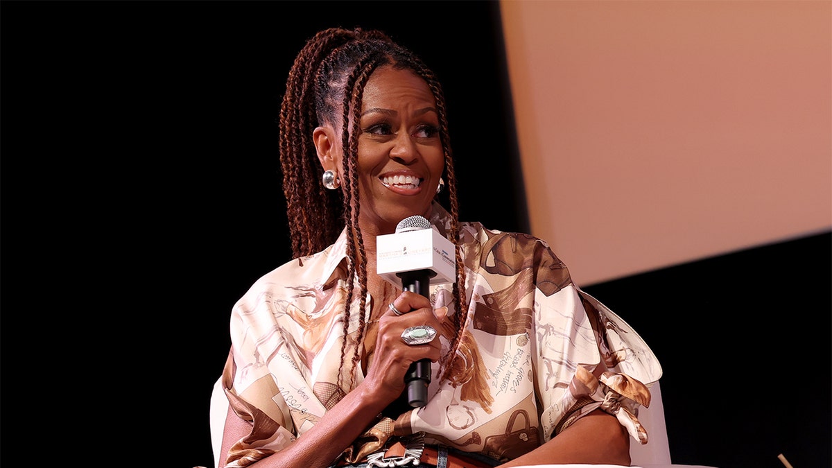 Michelle Obama speaking during a podcast at Martha's Vineyard Performing Arts Center