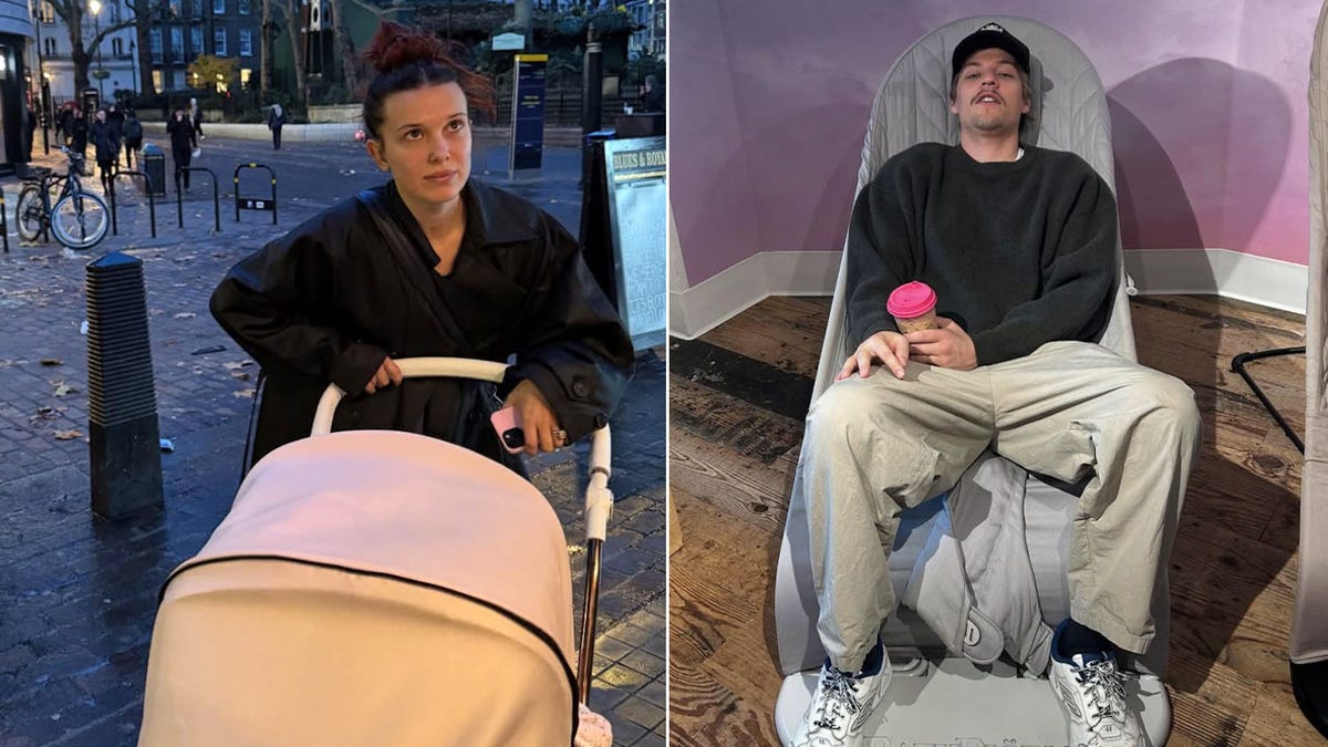 Millie Bobby Brown stroller and Jake Bongiovi baby bouncer