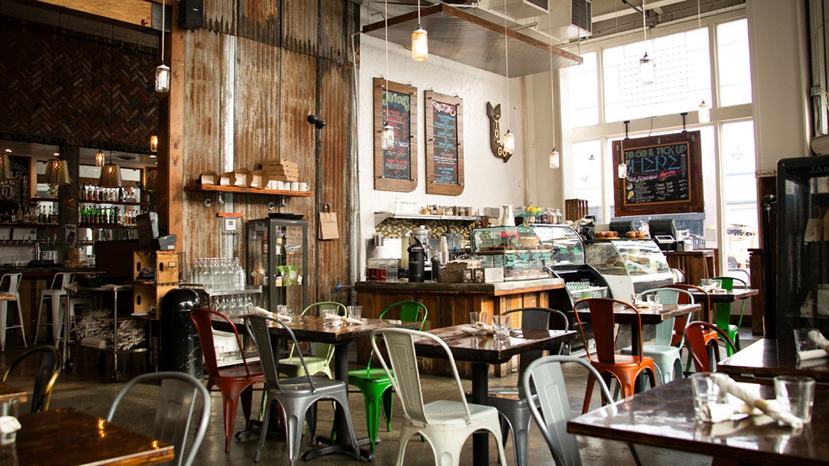 An interior view of an empty Sage Regenerative Kitchen & Brewery in Los Angeles.