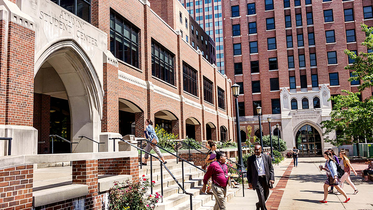 Students walk on campus at Moody Bible Institute