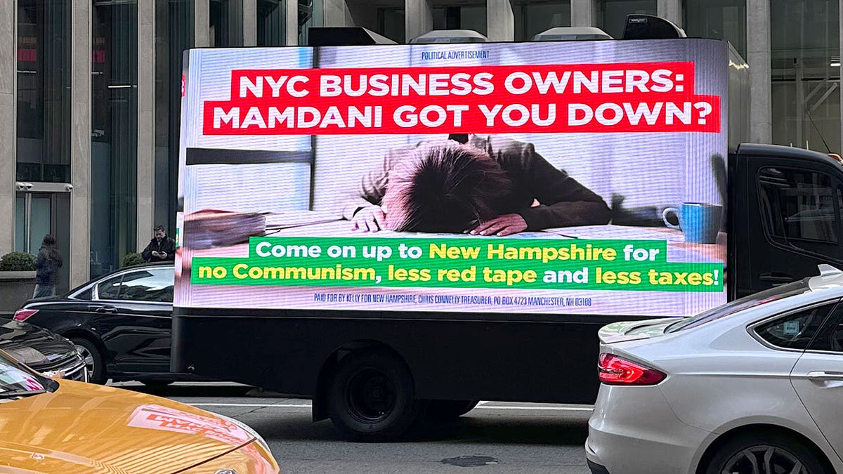 A billboard in New York City telling fleeing New Yorkers to move to New Hampshire.