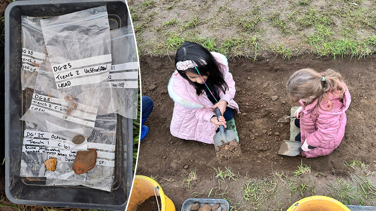 Split image of artifacts, little girls digging