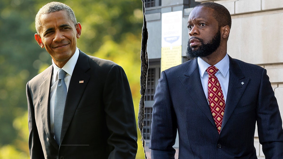 Split photo of President Barack Obama waves while returning to the White House aboard Marine One; Musician Pras Michel arrives at U.S. District Court in 2023.