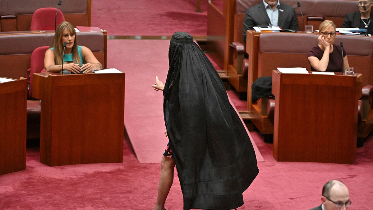 One Nation leader Pauline Hanson wears a burqa in the Senate chamber at Parliament House in Canberra, Australia, Nov. 24, 2025. AAP/Mick Tsikas via Reuters 