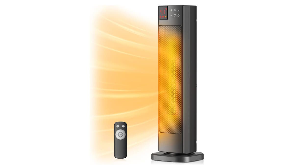 This heater's oscillating tower heats a room fast.