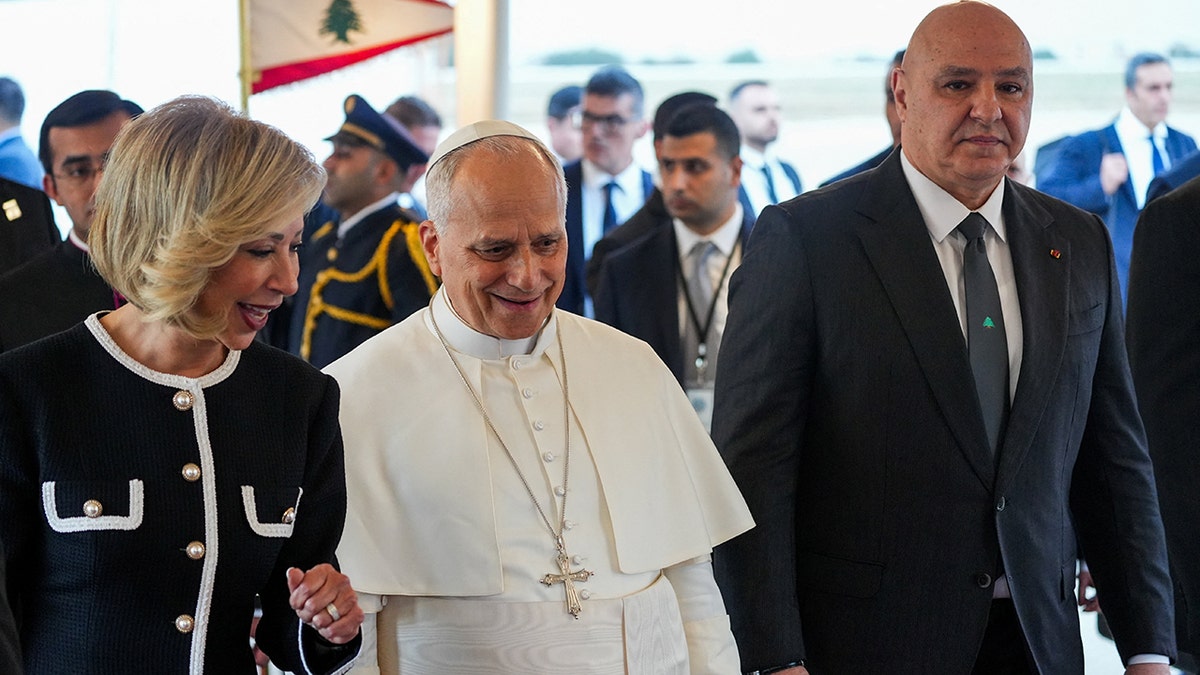 Pope Leo is welcomed by the Lebanese president.