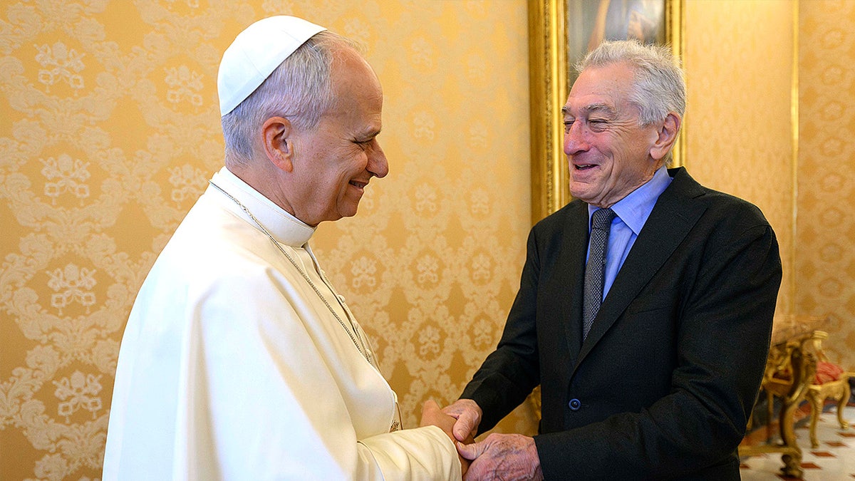 Pope Leo XVI meets with actor Robert De Niro during a private audience at the Apostolic Palace in Vatican City.