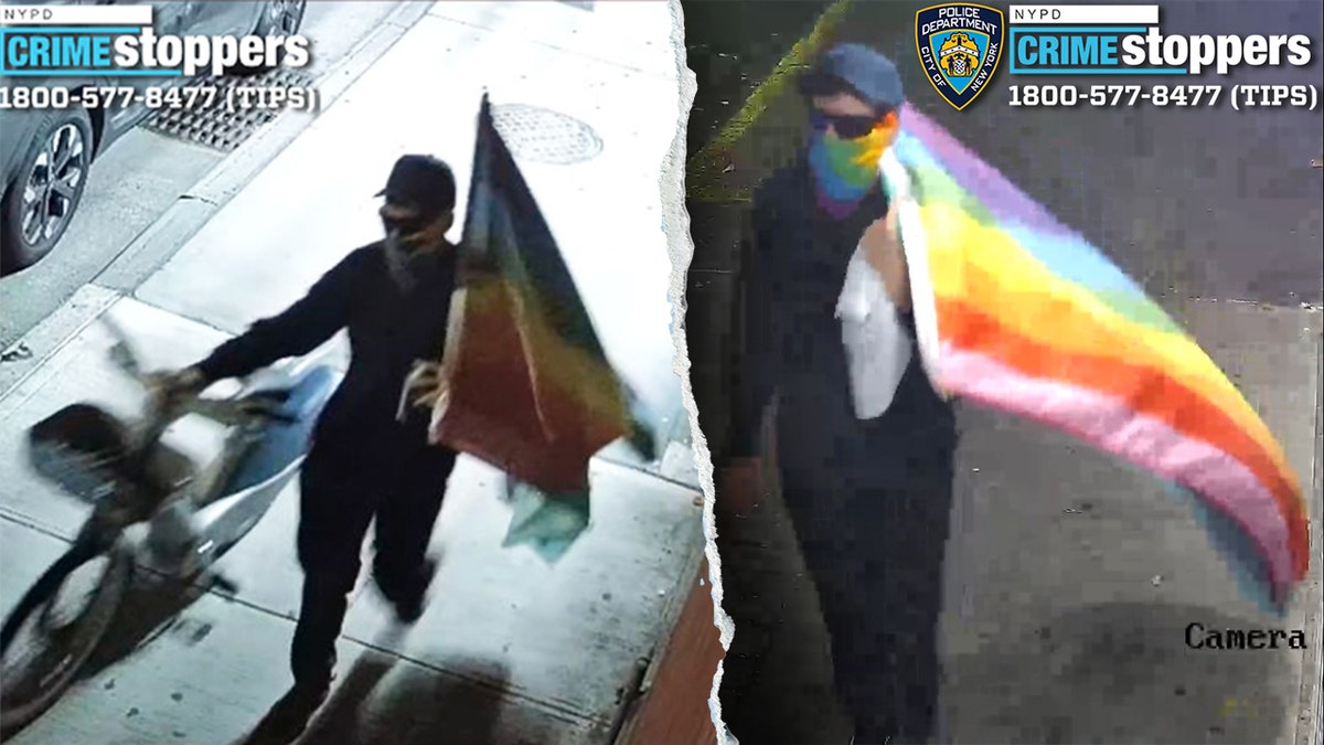 Split surveillance images show a suspect carrying a rainbow flag wanted for defacing three Queens churches with anti-Christian graffiti, according to the NYPD.