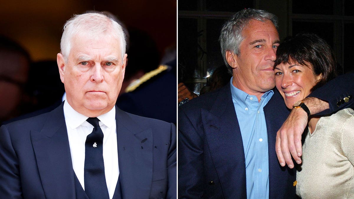 A split-side-by-side photo of Prince Andrew and Jeffrey Epstein embracing Ghislaine Maxwell.