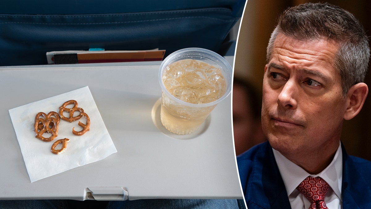 Split image of airplane snack and soda, Sean Duffy