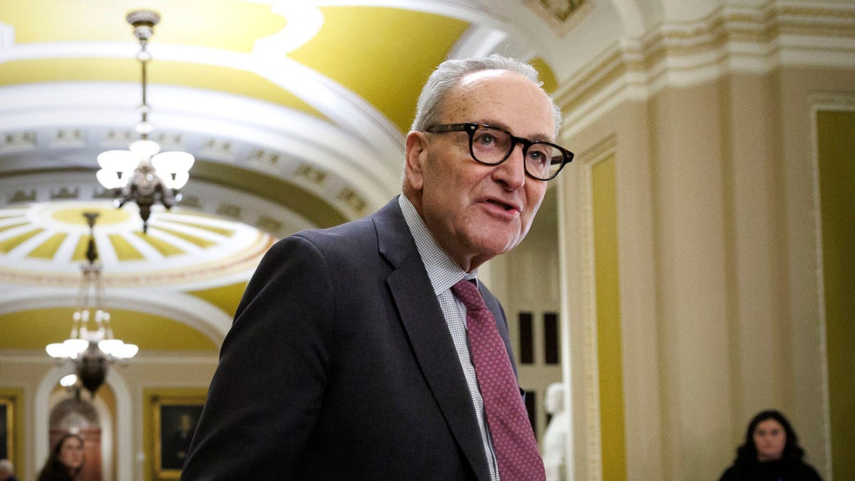 El líder de la minoría del Senado, Chuck Schumer, DN.Y., se prepara para hablar con los periodistas.