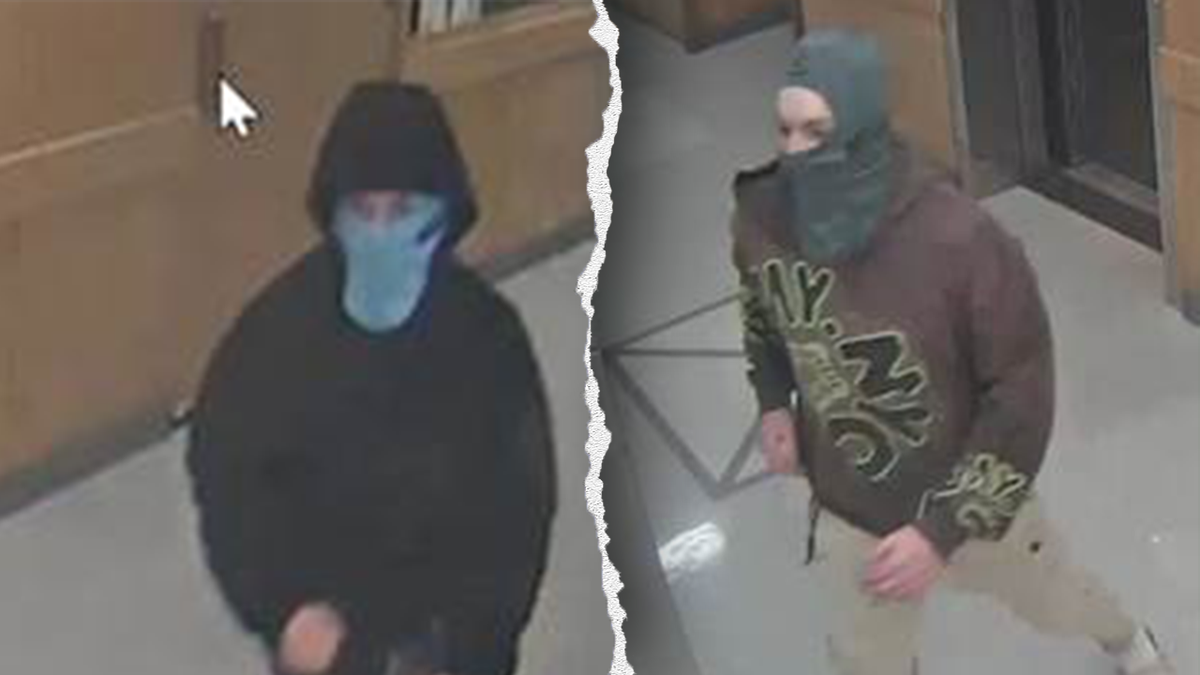 Harvard University Police Department released photos of the two suspects wearing masks and head coverings.