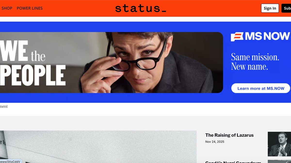 The Status website was topped with a large MS NOW ad featuring Rachel Maddow on Wednesday morning.