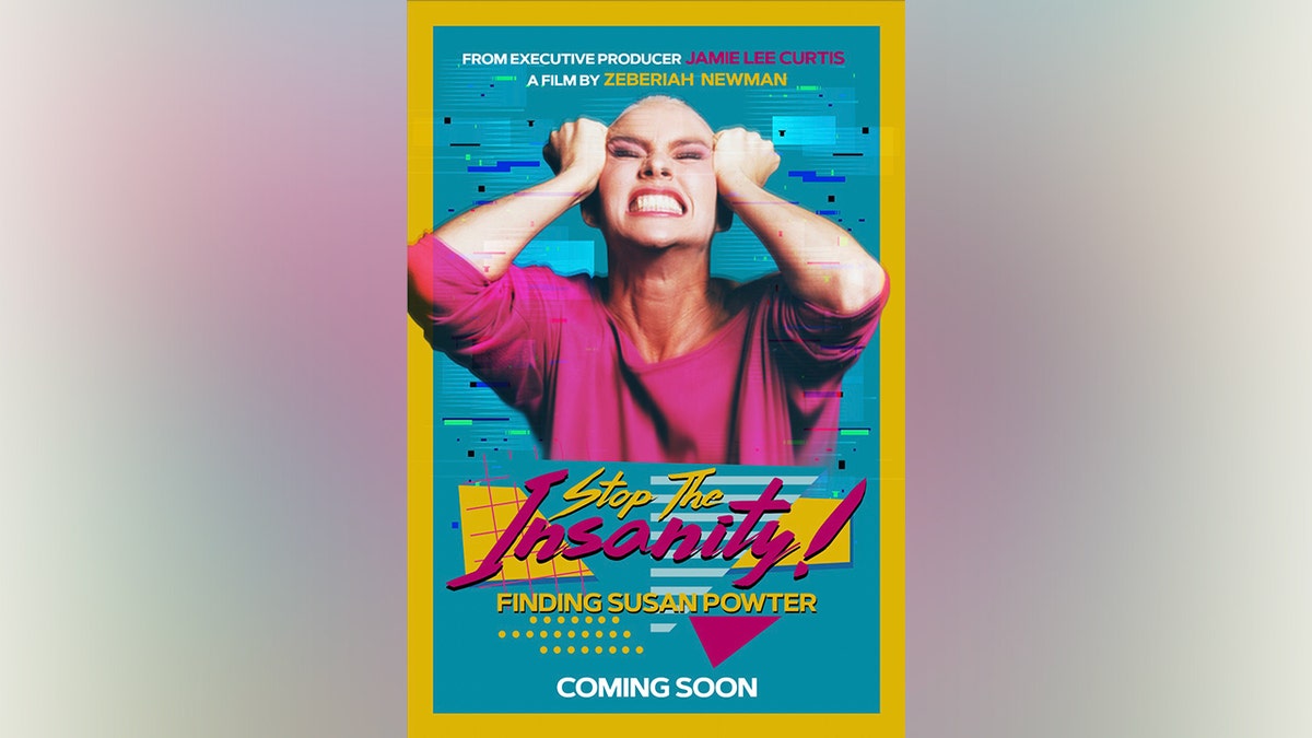 Bright, retro-style poster for Stop the Insanity: Finding Susan Powter showing a woman in a pink top gripping her head and yelling, with colorful graphics and bold text announcing the film’s title and release