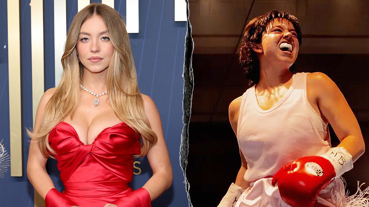 Split photo of Sydney Sweeney poses on the red carpet wearing a strapless red satin gown; Photo of her as "Christy" in boxing movie