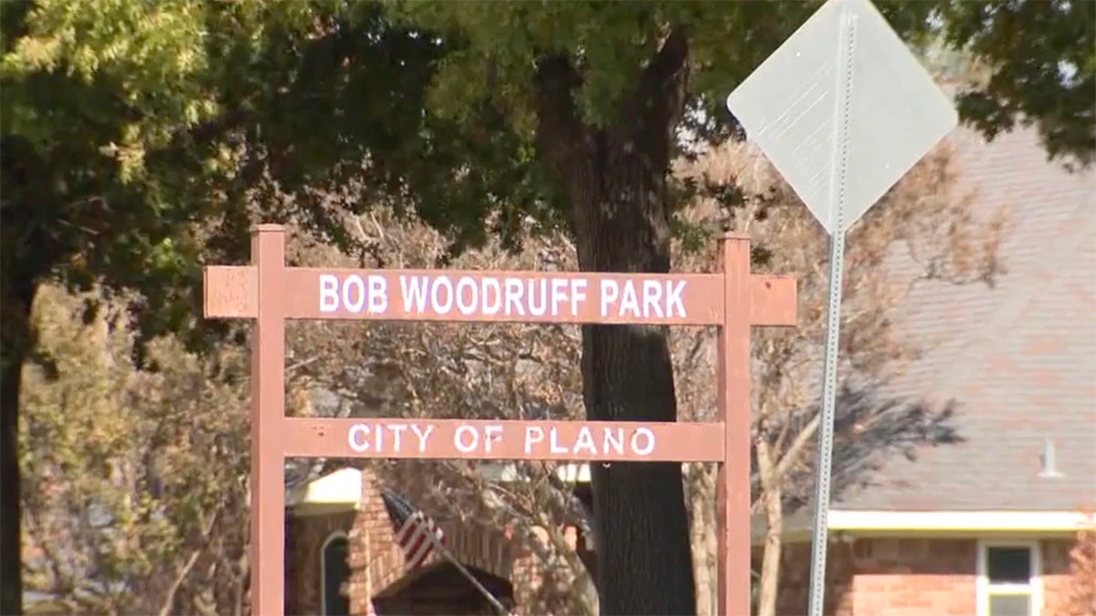 A welcome sign for Bob Woodruff Park in Plano, Texas