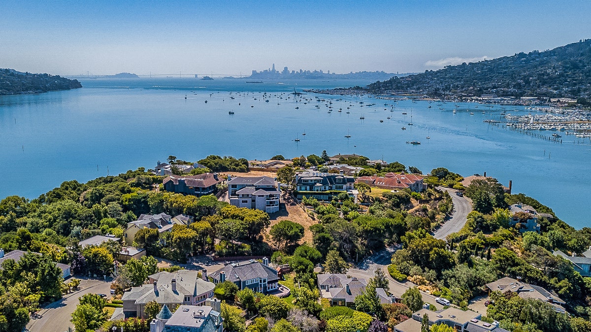 Aerial View above Tiburon with San Francisco skyline in the distance. Luxury homes below.