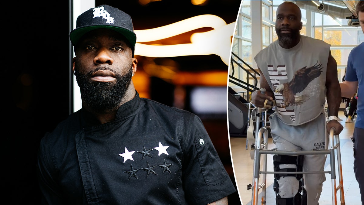 Tobias Dorzon in a split, pictured in a headshot and using a leg brace