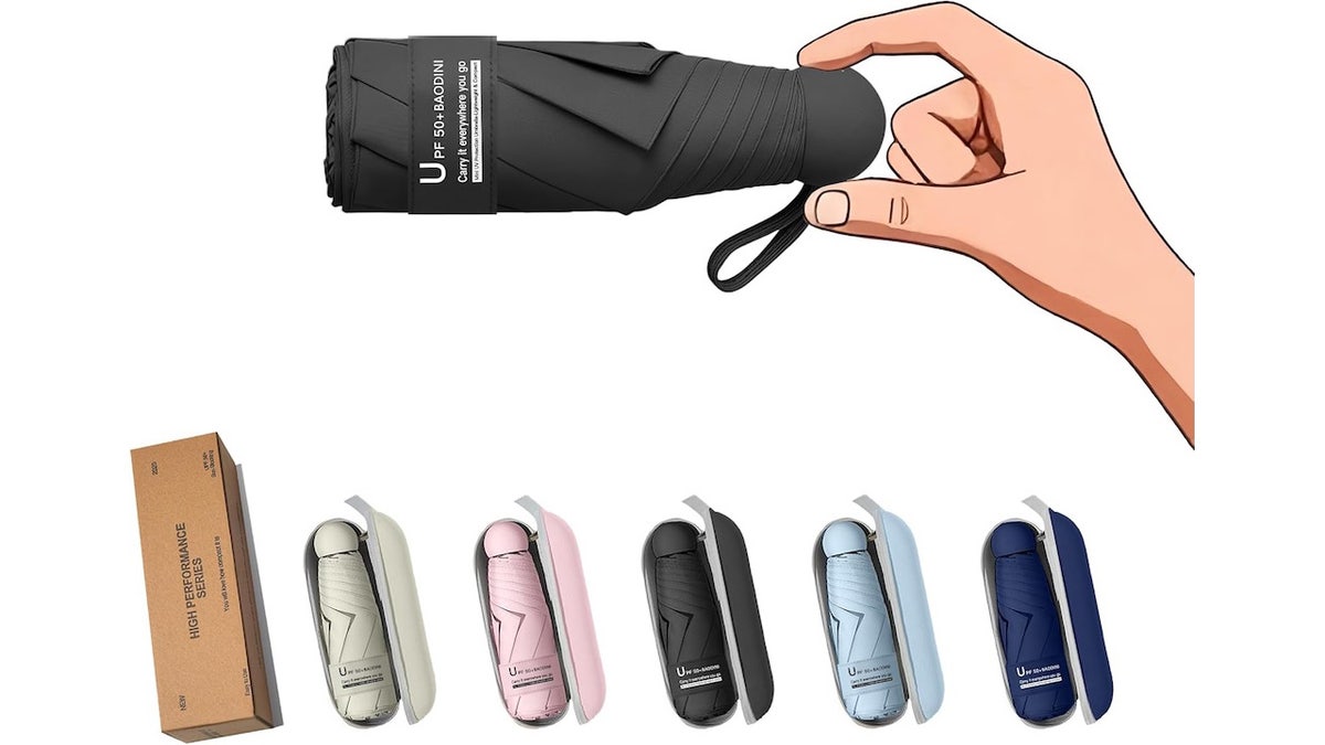 This pocket-sized umbrella blocks UV rays, too.