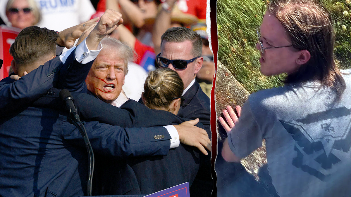 A split image showing President Trump surrounded by Secret Service agents after a failed assassination attempt and the suspect, Thomas Crooks