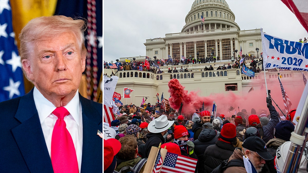 President Trump shown next to an image from the Jan. 6, 2021, Capitol riot