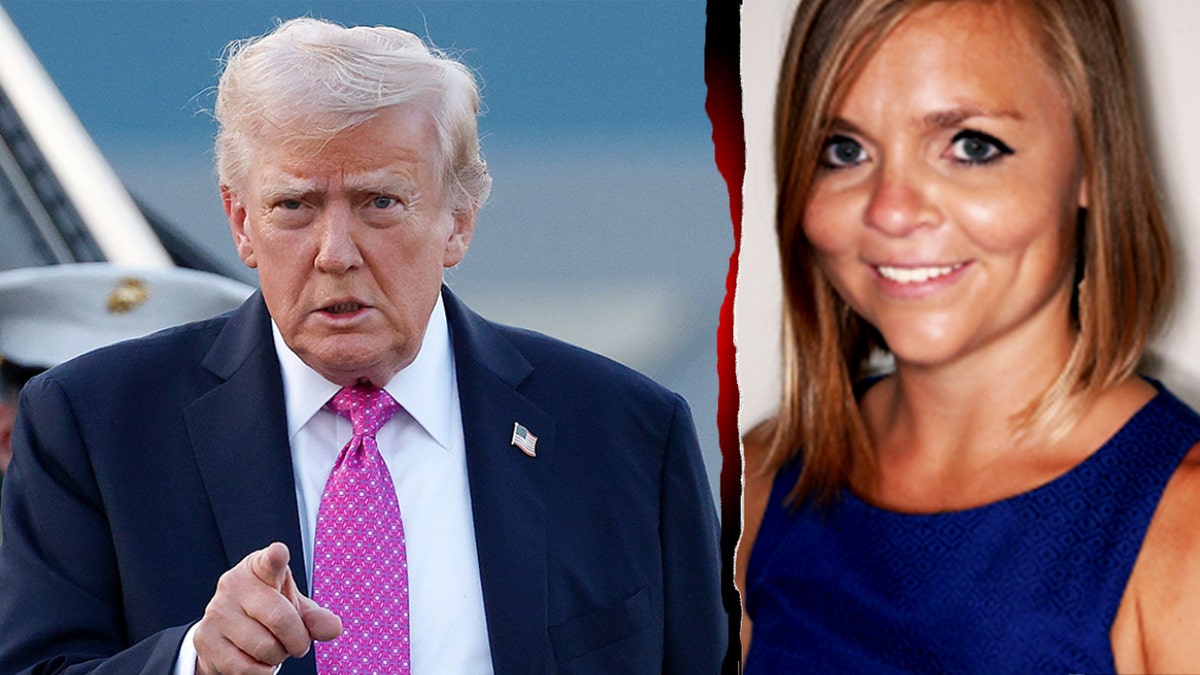 Split image of Trump with purple tie walking towards Air Force 1 and UCLA professor Caroline Luce