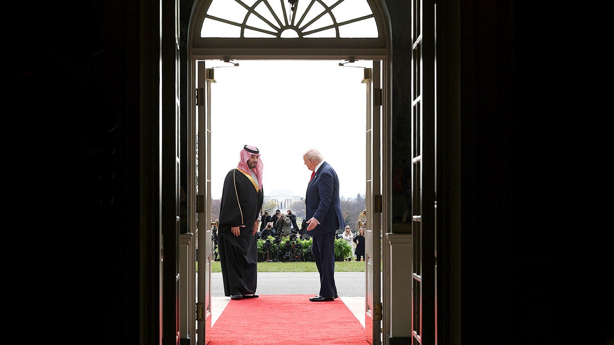 President Donald Trump shakes hands with Saudi Crown Prince Mohammed bin Salman during an arrival ceremony at the White House.