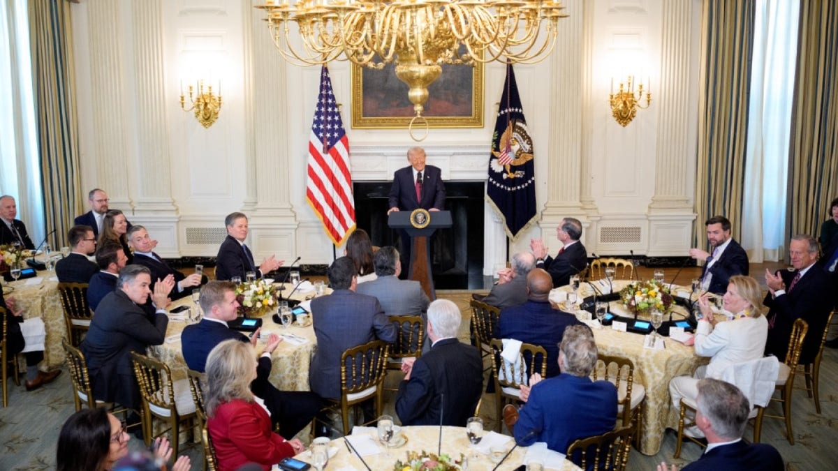 President Donald Trump speaks with Senate Republicans.