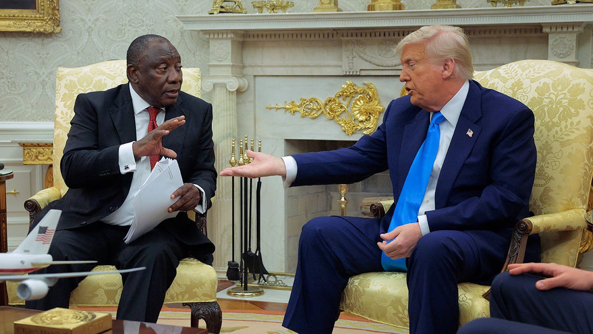 President Trump talks with South Africa's Cyril Ramaphosa