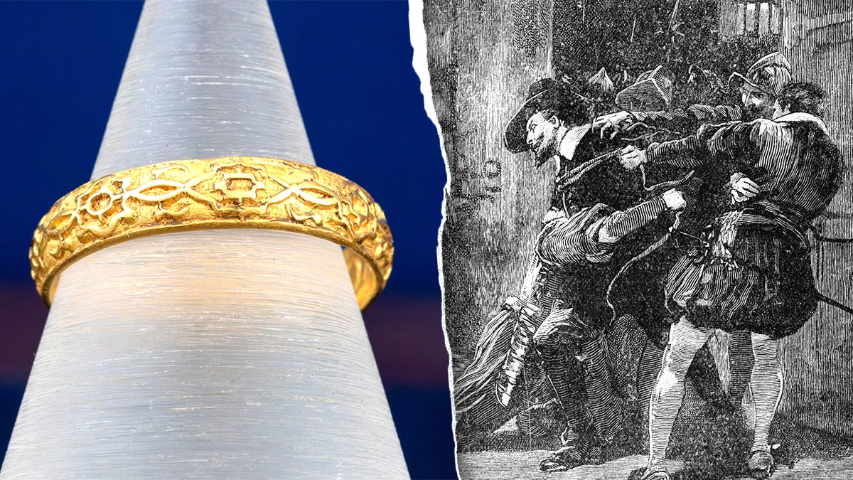 Gold band split image, depiction of Fawkes being arrested