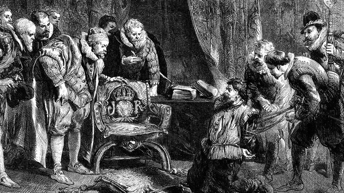 Depiction of Fawkes being questioned at the court of James I