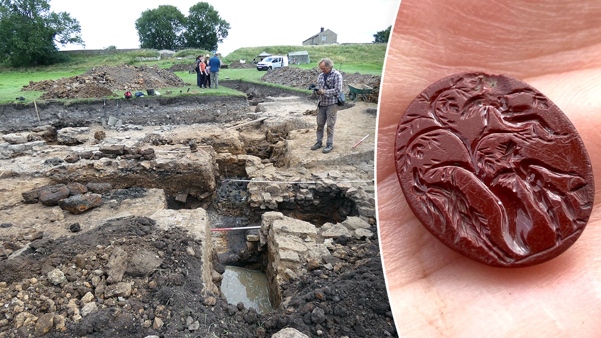 Split representation  of archaeologists working, reddish  seal