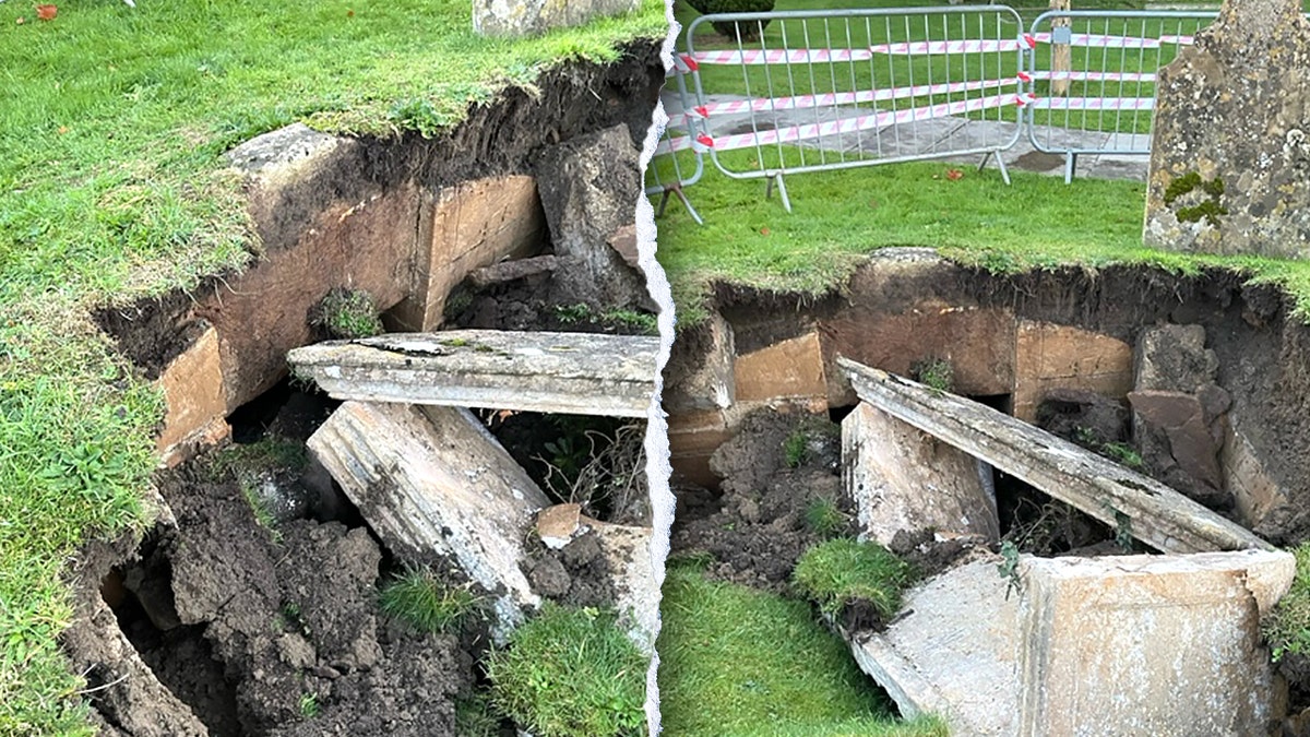 Split image of collapsed stone in vault