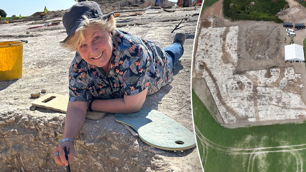Split image of Sandi Toksvig, aerial of excavation site.